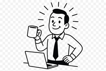 Happy Office Worker Holding Coffee Mug – Motivated Workday Cartoon Line Art
