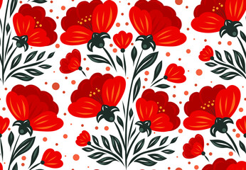 Vector seamless pattern with stylized red flowers and green leaves in folk style for textile design, wallpaper, gift wrap, and digital backgrounds.