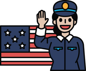 A woman in a blue uniform is waving at the camera in front of an American flag