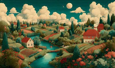 Illustrations presenting various neighborhoods in a bright and beautiful Russian rural style. The river, houses and way of life are visible