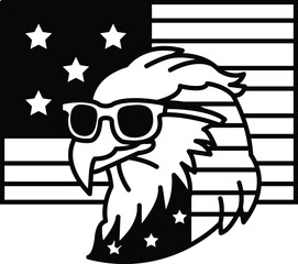 A bald eagle wearing sunglasses and a patriotic flag behind him