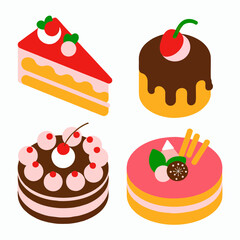 Isometric illustration of four delicious cakes: strawberry shortcake, chocolate cake with cherry, double-layered cake with cherries, and pink layered cake with fruit toppings, concept for bakery menu