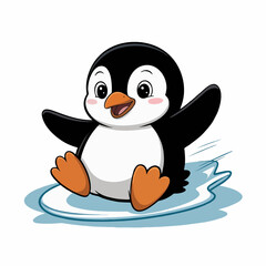 Obraz premium Adorable cartoon penguin sliding on ice, concept for children's book illustration, greeting card, or mascot design
