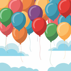 Naklejka premium Colorful balloons floating against a white background with clouds, concept for celebration, party invitation, and children's book illustrations