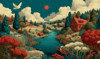 Illustrations presenting various neighborhoods in a bright and beautiful Russian rural style. The river, houses and way of life are visible