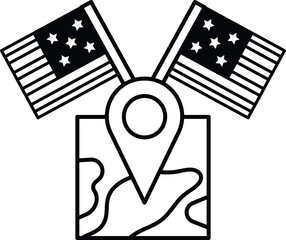 A black and white drawing of a map with a red star and a white star on it