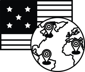 A black and white image of a globe with the United States flag in the background