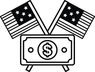 A black and white image of a dollar bill and two American flags