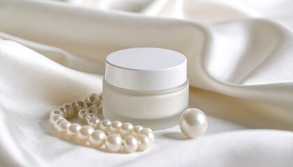 Elegant skincare cream jar with pearl necklace on luxurious whit