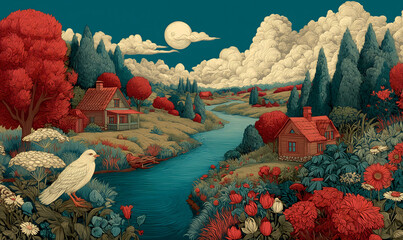 Illustrations presenting various neighborhoods in a bright and beautiful Russian rural style. The river, houses and way of life are visible
