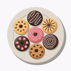 A plate of assorted donuts with various toppings, including chocolate, sprinkles, and caramel; concept for bakery menu design, food blogs, and sweet treat advertising