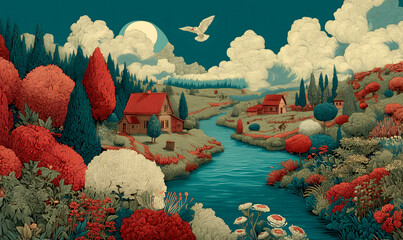 Illustrations presenting various neighborhoods in a bright and beautiful Russian rural style. The river, houses and way of life are visible