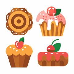 Flat design illustration of assorted sweet pastries, including muffins and cookies, concept for bakery menu design