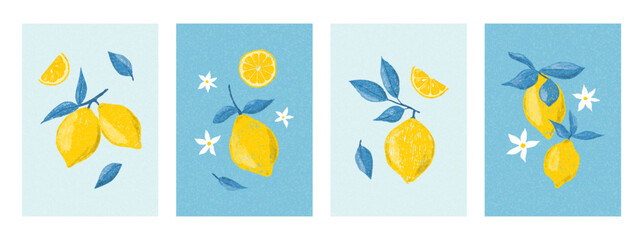 Lemons, flowers and leaves, vector crayon illustration set. Card, invitation or poster. Trendy hand drawn retro design for wall decor, postcard, cover, t shirt, prints