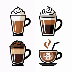 Obraz premium Four types of coffee drinks with whipped cream and latte art, concept for cafe menu, coffee shop branding, and beverage design