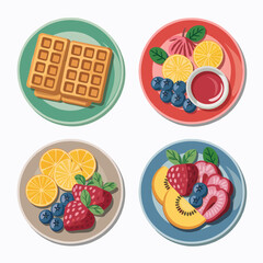 Top view of waffles and assorted fresh fruits on plates, concept for food blog, recipe website, or menu design