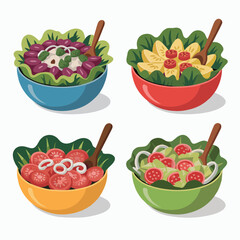 Four colorful bowls of fresh salads with wooden spoons, concept for healthy food blog, recipe website, or restaurant menu