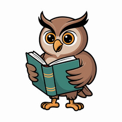 Cute cartoon owl holding open teal book, concept for children's book illustration, education, and reading.
