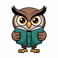Naklejka premium Adorable cartoon owl engrossed in reading a teal book, concept for children's book illustration, educational materials, or mascot design