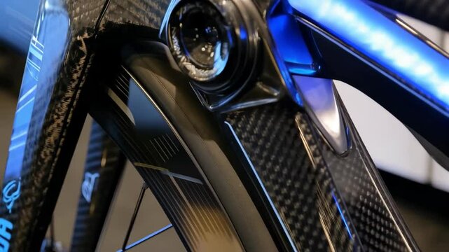 High-tech carbon fiber bicycle frame detail featuring integrated lights and sleek aerodynamic design components for advanced cycling performance.