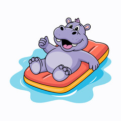 Cheerful cartoon hippopotamus relaxing on a red inflatable raft in blue water, concept for summer fun illustration