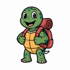 Obraz premium Cute cartoon turtle character with backpack, concept for children's book illustration, mascot design, and travel agency logo