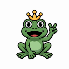 Cheerful cartoon frog wearing a golden crown and showing a peace sign, concept for children's book illustration, mascot, or character design