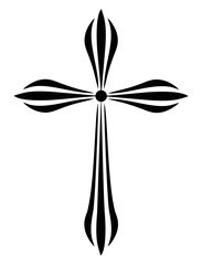 silhouette of a cross with various ornaments on each end. this icon is for merry christmas
