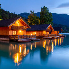 Fototapeta premium Illuminated Lakeside Wooden Cabins at Dusk Mountain Scenery Calm Water Reflection