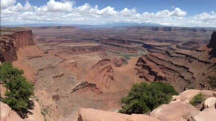 landscape with layers of eroded cliffs and desert vegetation