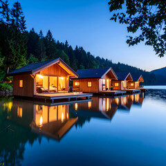 Fototapeta premium Luxurious Lakefront Cabins at Dusk Tranquil Wooden Cottages Scenic Waterfront Retreat