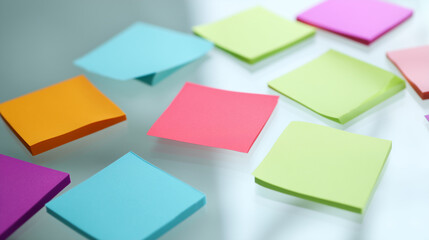 Fototapeta premium Colorful sticky notes on glass, a vibrant workspace for creative ideas and brainstorming.