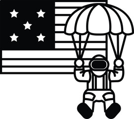 A man in a space suit is flying through the air with an American flag behind him