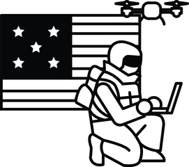 A man in a space suit is sitting in front of a flag