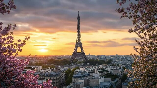 Paris Sunset: Eiffel Tower and Cherry Blossoms