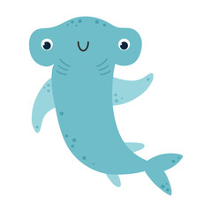 Cute kawaii cartoon hammerhead shark with a happy face and soft blue color. Flat hand drawn vector illustration