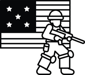 A soldier is standing in front of an American flag