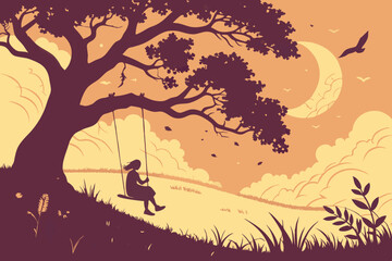 Generated AI Art High-Quality Digital Illustration of a Girl on a Swing at Sunset