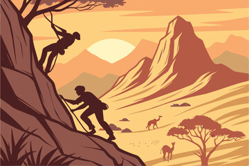 Generated AI Mountainscape Sunset Silhouette Climbers in Desert