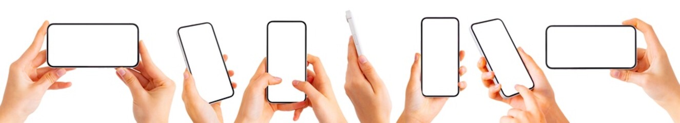 Set of modern mobile phones with blank white screens in hands on transparent background	
