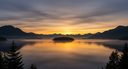 Obraz premium Serene Sunrise over Mountain Lake with Island Silhouette and Misty Calm Waters