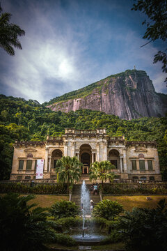 Historic Mansion and Fountain of Parque Lage with Corcovado Mountain and Christ the Redeemer in View - Rio de Janeiro, Brazil