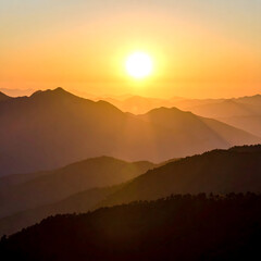 Obraz premium Majestic Sunset Over Rolling Mountain Ranges Golden Hour Landscape Photography