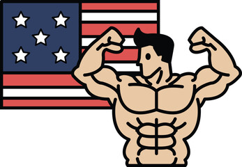 A man with a muscular build is flexing his biceps in front of an American flag