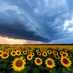 Fototapeta premium Dramatic Sunset Storm Clouds over a Vast Sunflower Field
