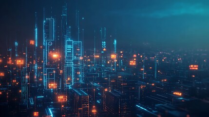 Fototapeta premium Digital cityscape illustration with glowing lines and structures.