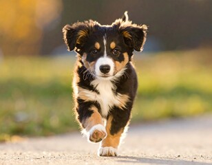 Adorable tri-colored puppy running towards the camera on a path
