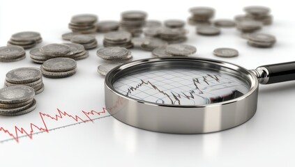 Magnifying glass over financial chart and coins
