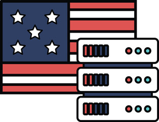 A computer server with the American flag in the background