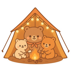 Cute illustration of a bear family camping inside a cozy tent with string lights, roasting marshmallows over a fire. Perfect for summer, camping, and family adventure designs.